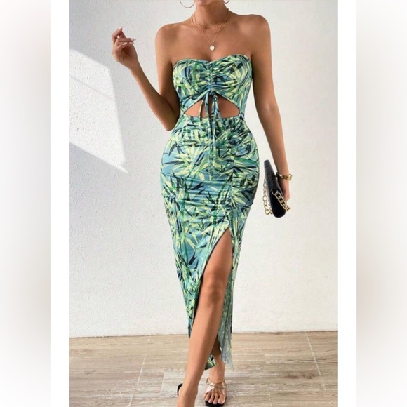 Tropical Print Sheer Drawstring Cinch Slit Thigh Dress Sexy Bodycon Stretch - Picture 3 of 16
